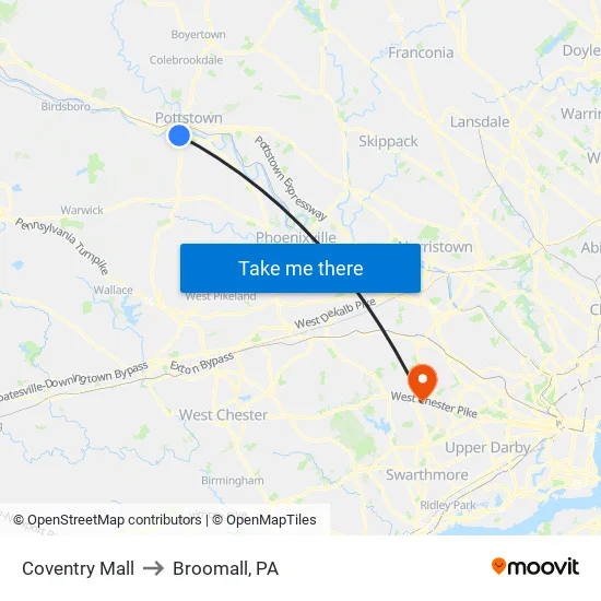 Coventry Mall to Broomall, PA map