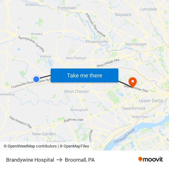 Brandywine Hospital to Broomall, PA map