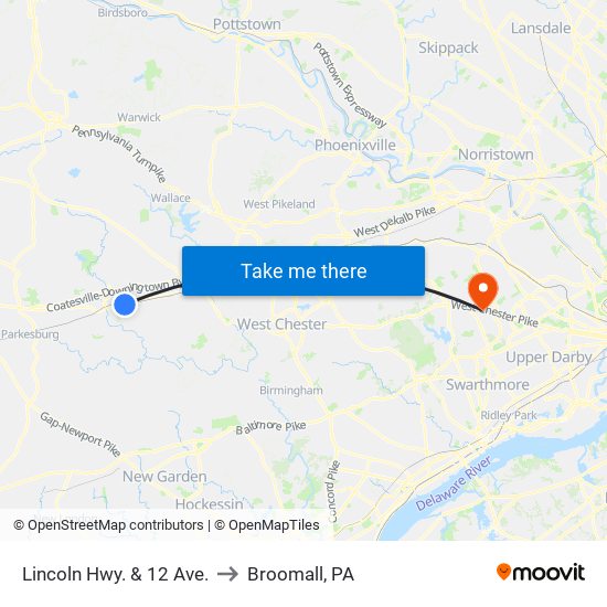 Lincoln Hwy. & 12 Ave. to Broomall, PA map