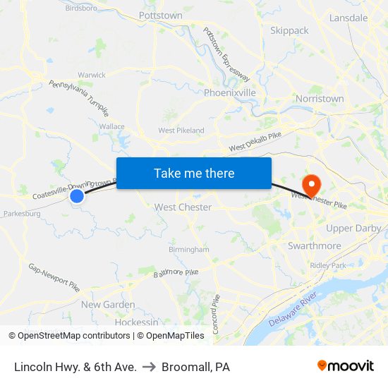 Lincoln Hwy. & 6th Ave. to Broomall, PA map