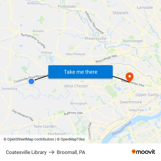 Coatesville Library to Broomall, PA map