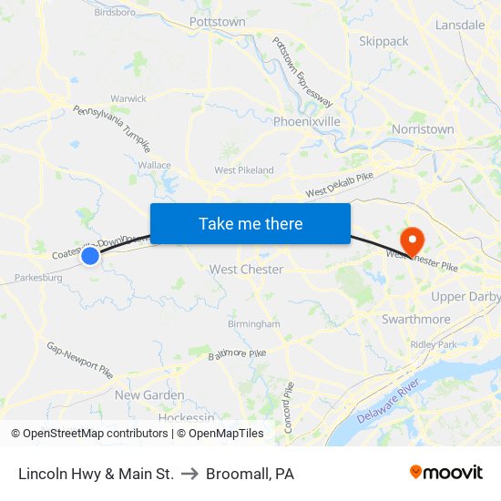Lincoln Hwy & Main St. to Broomall, PA map