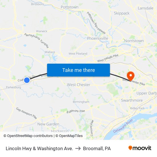 Lincoln Hwy & Washington Ave. to Broomall, PA map