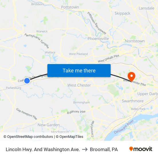 Lincoln Hwy. And Washington Ave. to Broomall, PA map