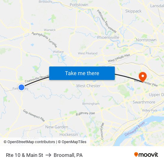 Rte 10 & Main St to Broomall, PA map