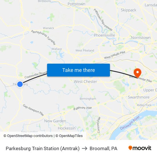 Parkesburg Train Station (Amtrak) to Broomall, PA map