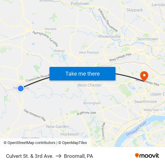 Culvert St. & 3rd Ave. to Broomall, PA map