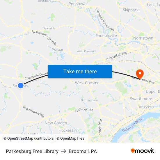 Parkesburg Free Library to Broomall, PA map
