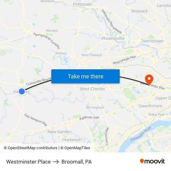 Westminster Place to Broomall, PA map