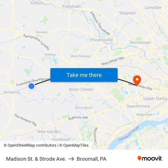 Madison St. & Strode Ave. to Broomall, PA map