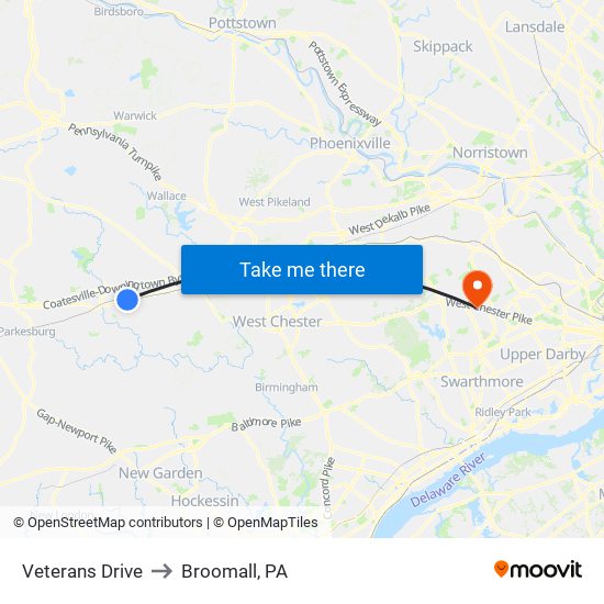Veterans Drive to Broomall, PA map