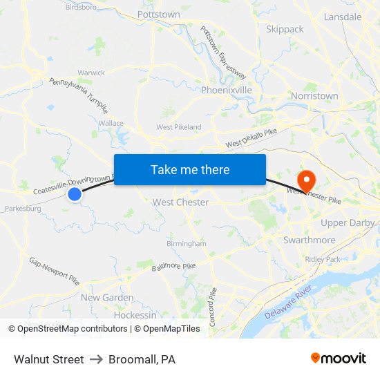 Walnut Street to Broomall, PA map