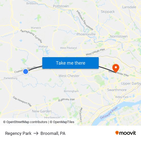 Regency Park to Broomall, PA map