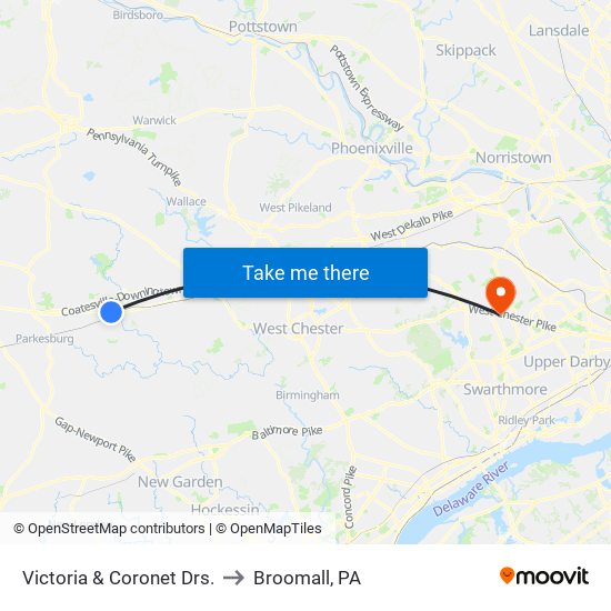 Victoria  &  Coronet Drs. to Broomall, PA map