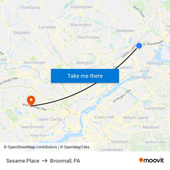 Sesame Place to Broomall, PA map