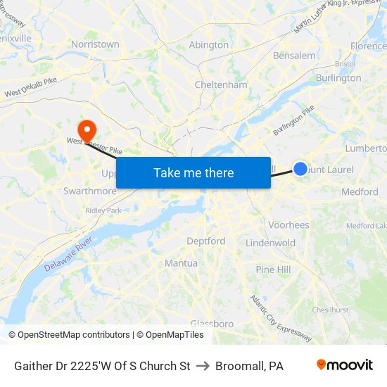 Gaither Dr 2225'W Of S Church St to Broomall, PA map