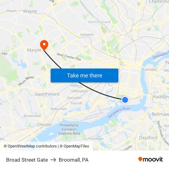 Broad Street Gate to Broomall, PA map