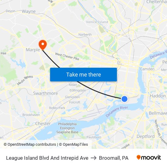 League Island Blvd And Intrepid Ave to Broomall, PA map