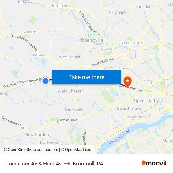 Lancaster Av & Hunt Av to Broomall, PA map
