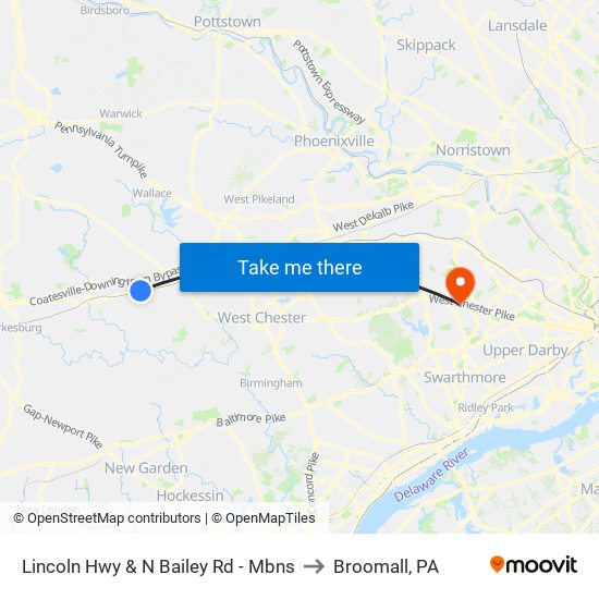 Lincoln Hwy & N Bailey Rd - Mbns to Broomall, PA map