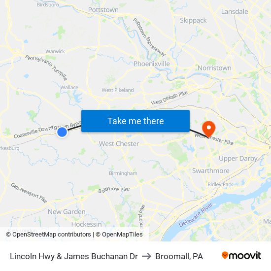 Lincoln Hwy & James Buchanan Dr to Broomall, PA map