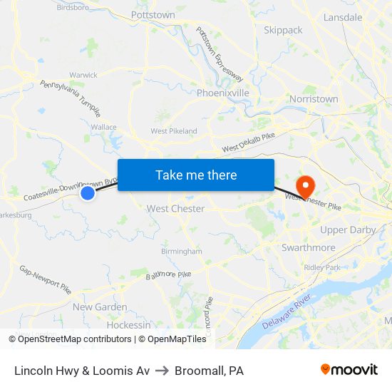 Lincoln Hwy & Loomis Av to Broomall, PA map