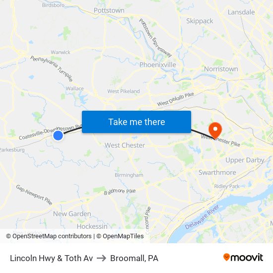 Lincoln Hwy & Toth Av to Broomall, PA map