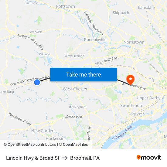 Lincoln Hwy & Broad St to Broomall, PA map