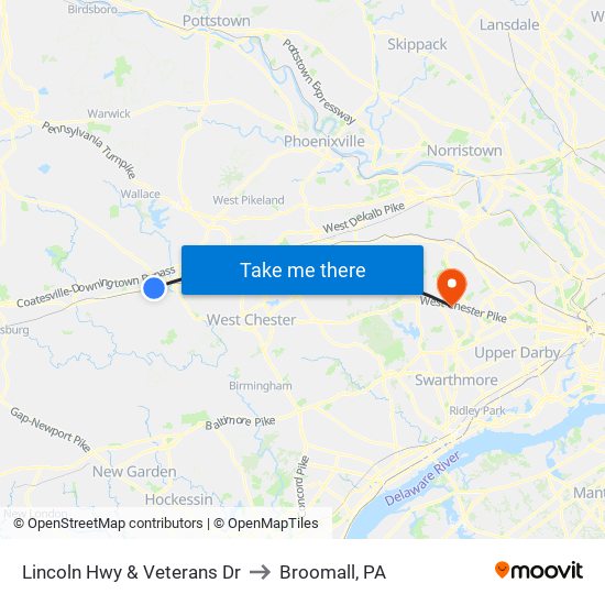 Lincoln Hwy & Veterans Dr to Broomall, PA map
