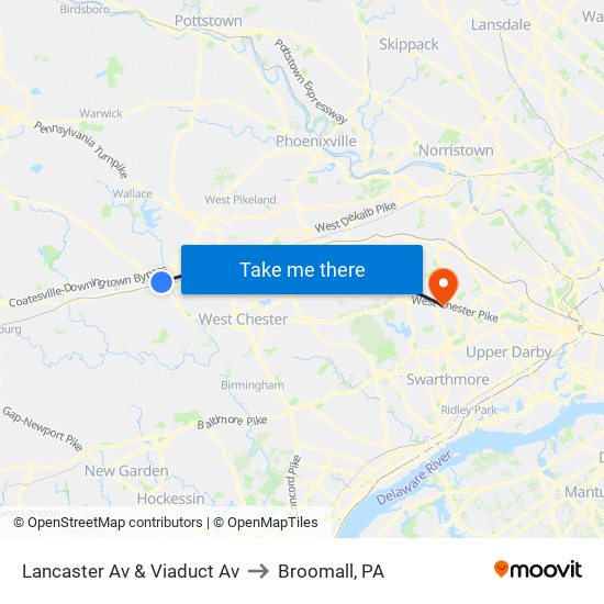 Lancaster Av & Viaduct Av to Broomall, PA map