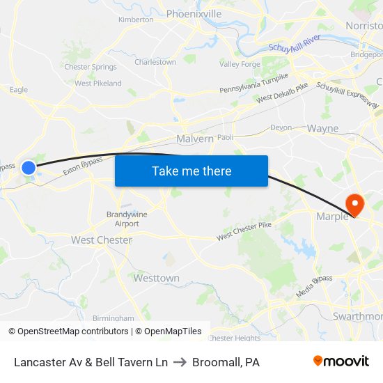 Lancaster Av & Bell Tavern Ln to Broomall, PA map