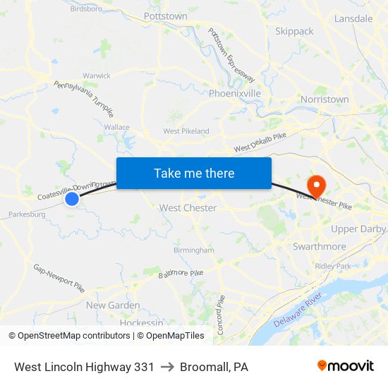 West Lincoln Highway 331 to Broomall, PA map