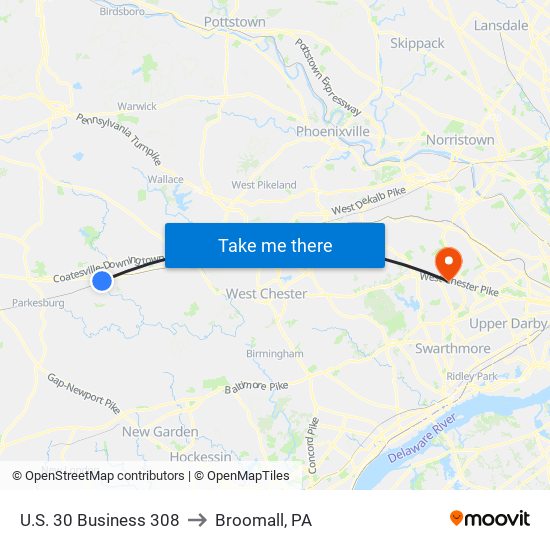 U.S. 30 Business 308 to Broomall, PA map