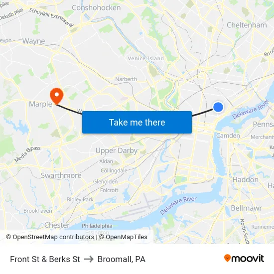 Front St & Berks St to Broomall, PA map