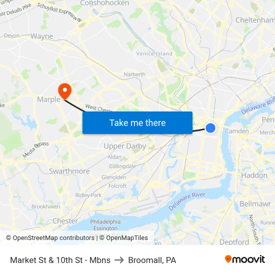Market St & 10th St  - Mbns to Broomall, PA map