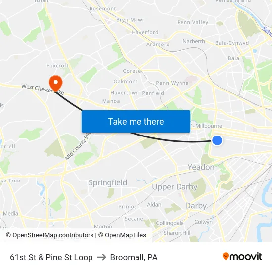 61st St & Pine St Loop to Broomall, PA map