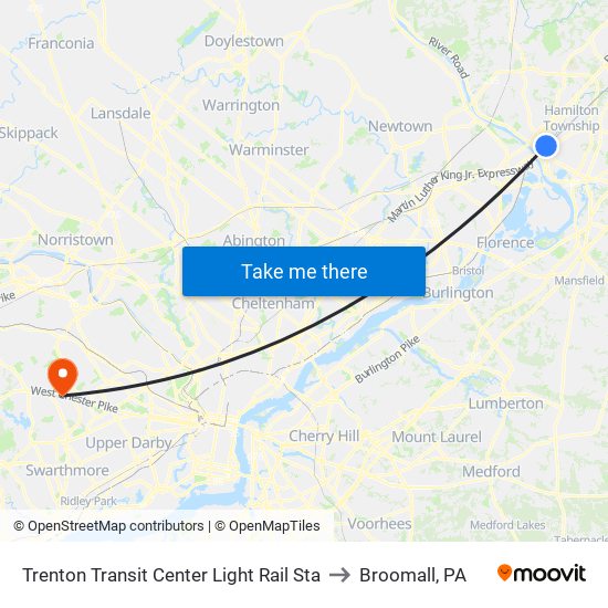Trenton Transit Center Light Rail Sta to Broomall, PA map