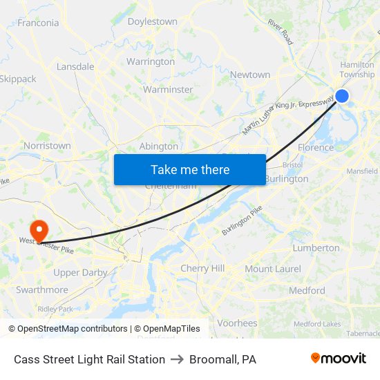 Cass Street Light Rail Station to Broomall, PA map