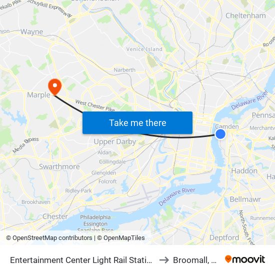 Entertainment Center Light Rail Station to Broomall, PA map