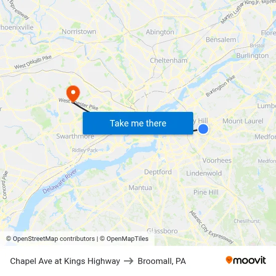 Chapel Ave at Kings Highway to Broomall, PA map