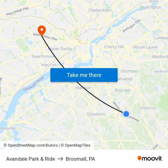 Avandale Park & Ride to Broomall, PA map