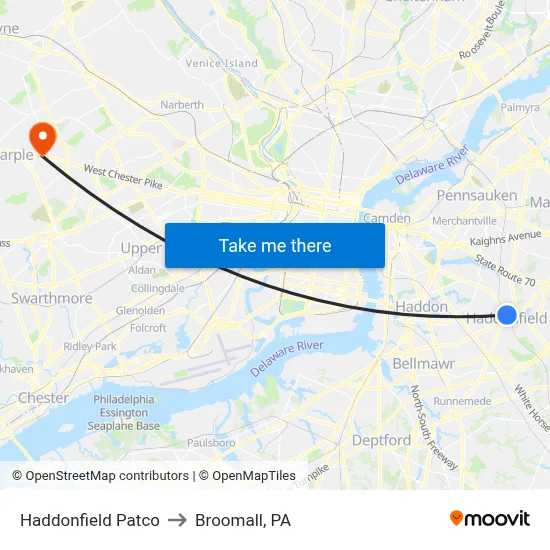 Haddonfield Patco to Broomall, PA map