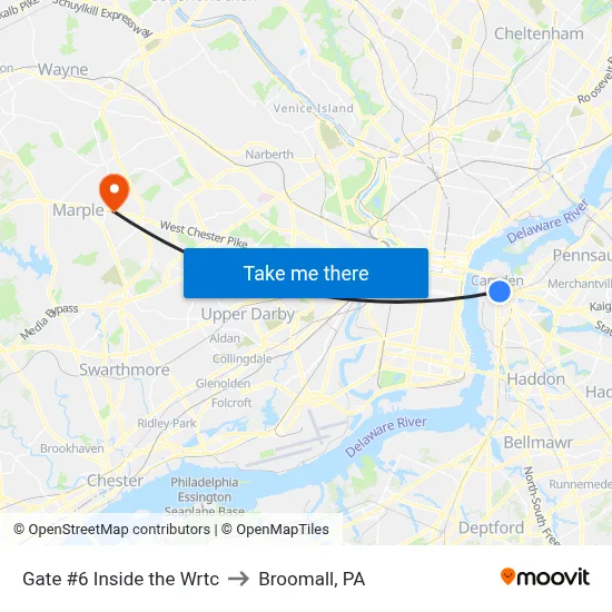 Gate #6 Inside the Wrtc to Broomall, PA map