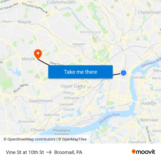 Vine St at 10th St to Broomall, PA map