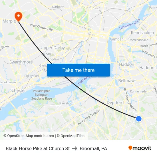 Black Horse Pike at Church St to Broomall, PA map