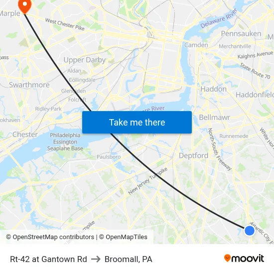 Rt-42 at Gantown Rd to Broomall, PA map