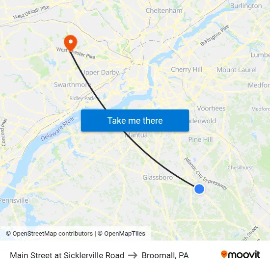 Main Street at Sicklerville Road to Broomall, PA map