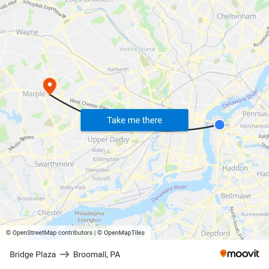 Bridge Plaza to Broomall, PA map