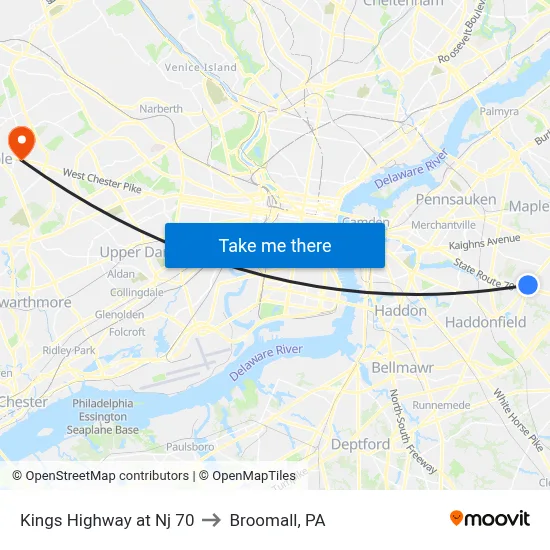 Kings Highway at Nj 70 to Broomall, PA map