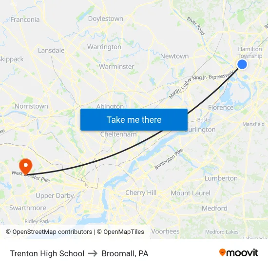 Trenton High School to Broomall, PA map